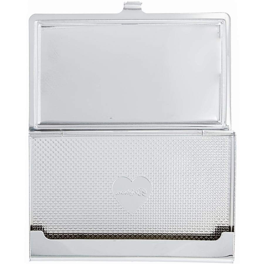 Brighton business card case shown open with silver-tone textured interior and embossed heart emblem on a white background