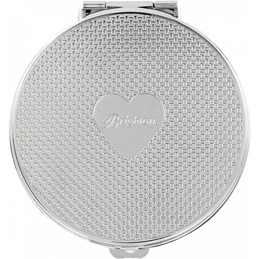 Brighton round compact mirror with woven texture pattern and engraved heart logo emblem on a white background