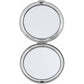 Brighton compact mirror shown open with dual round silver-tone mirrors and hinged clamshell design on a white background