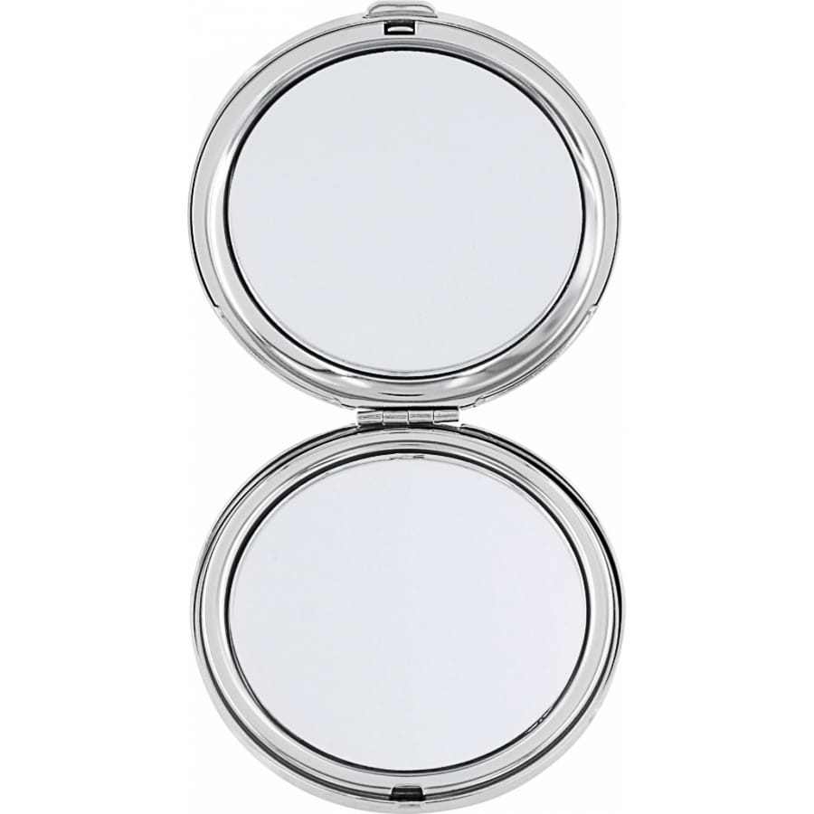 Brighton compact mirror shown open with dual round silver-tone mirrors and hinged clamshell design on a white background