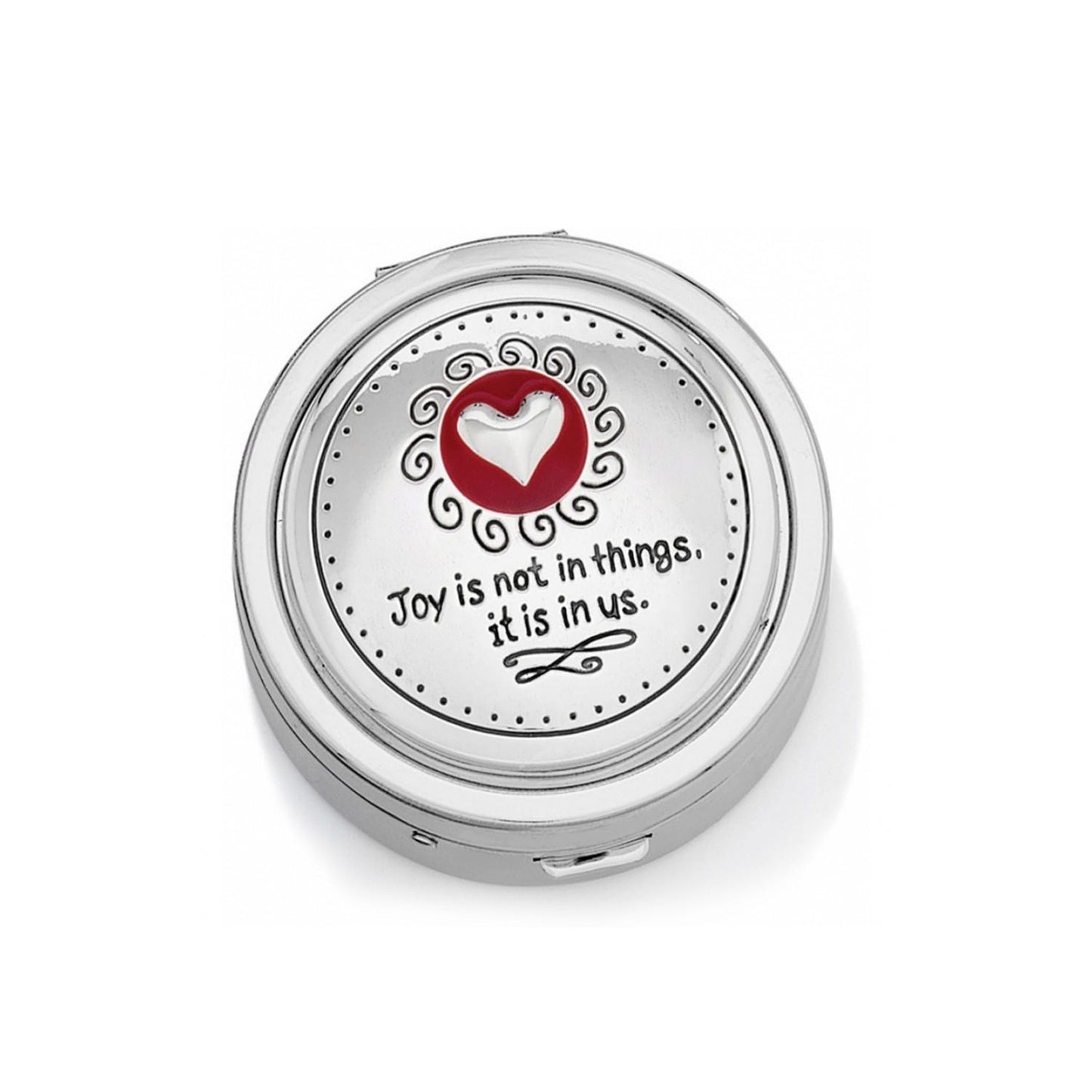 Brighton silver-tone pill box with embossed heart, red enamel accent, and inspirational quote on a white background