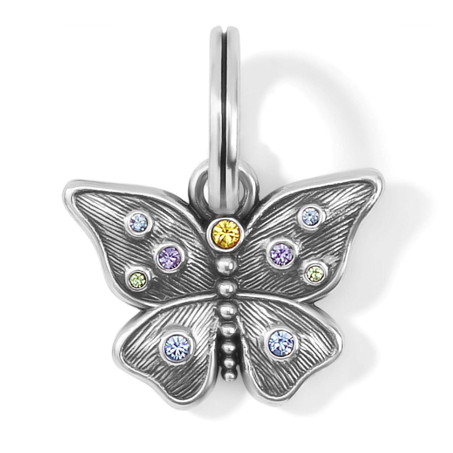 Brighton butterfly charm with silver-plated finish and colorful crystal accents on wings on a white background