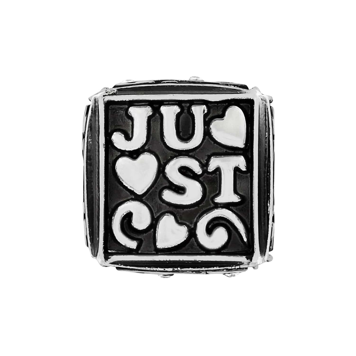 Brighton silver-plated charm bead with JUST lettering and heart motifs in raised relief on a white background
