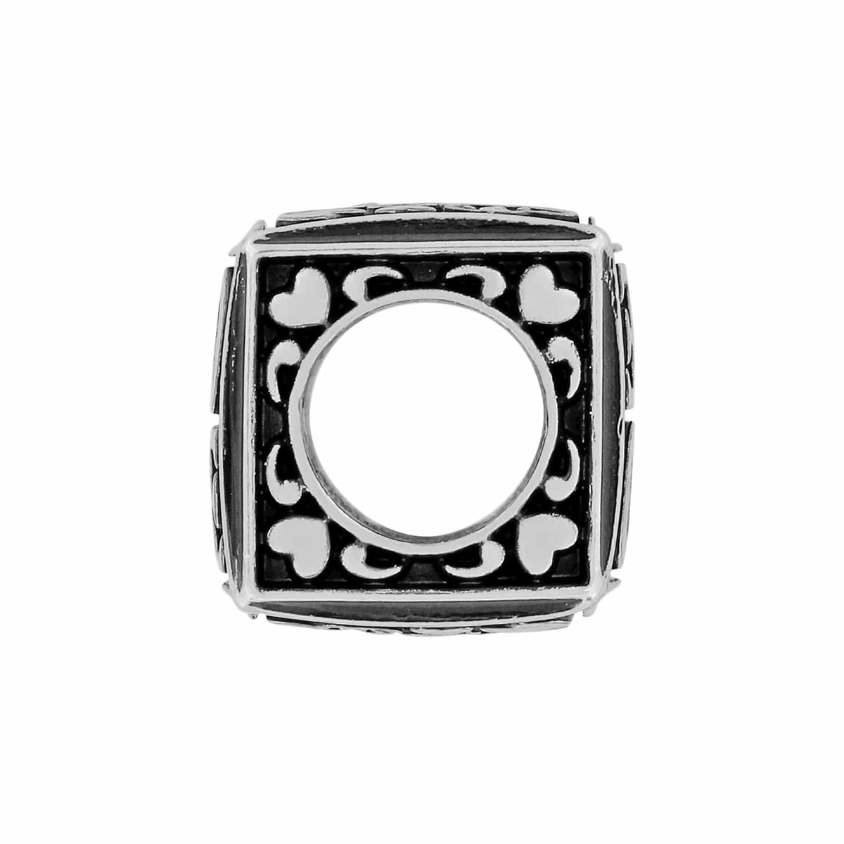 Brighton silver-plated square charm bead with heart cutout details and open center on a white background