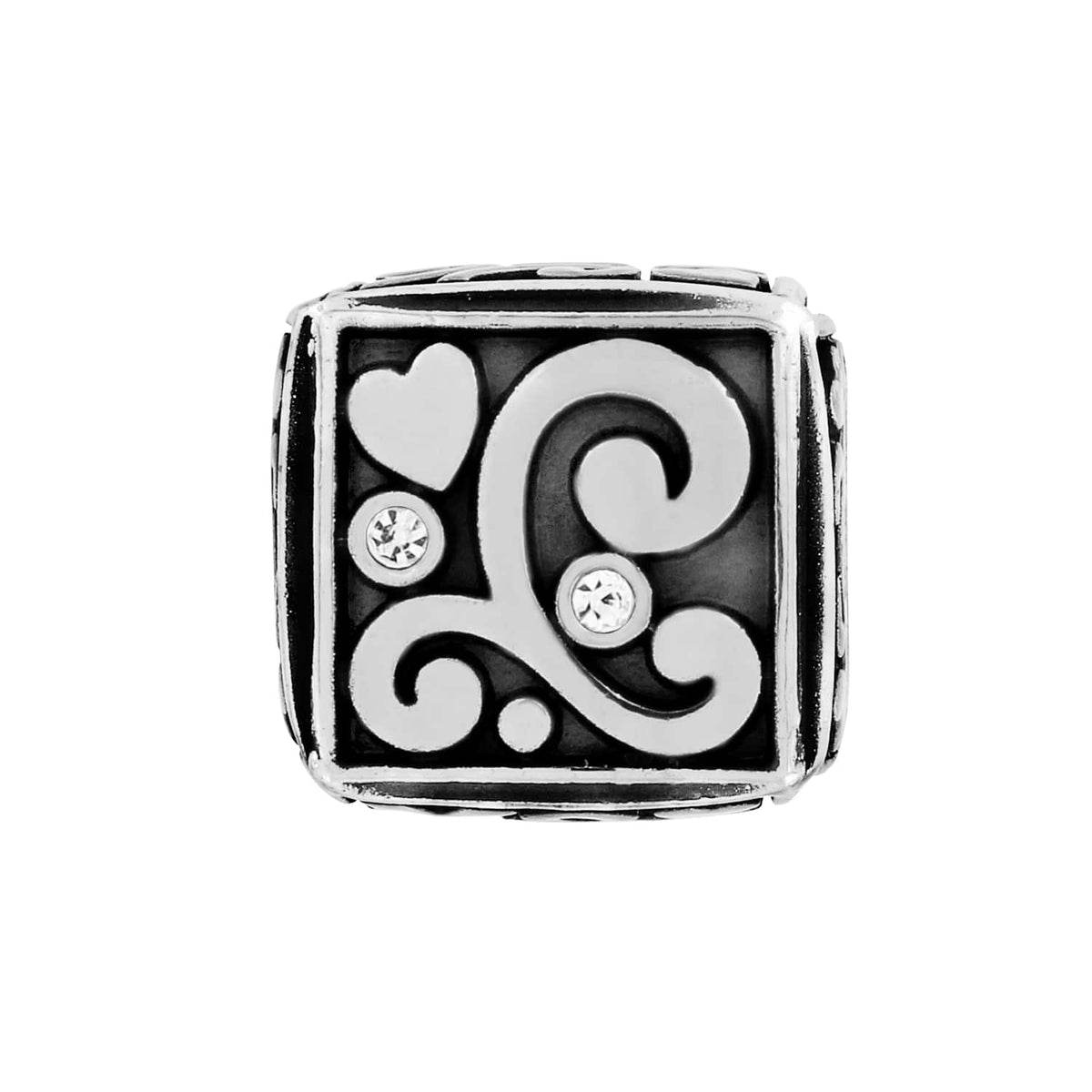 Brighton silver-plated charm with scroll design, heart motif, and crystal accents on a white background