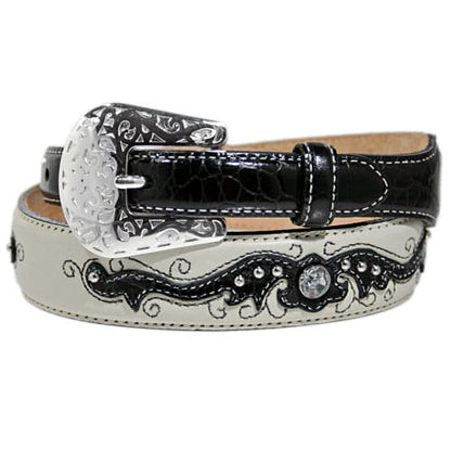 Brighton leather belt with black croc-embossed accents, scroll-engraved buckle, and crystal embellishments on a white background