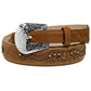 Brighton tan leather belt with engraved silver-tone buckle, scroll stitching, and amber crystal accents on a white background
