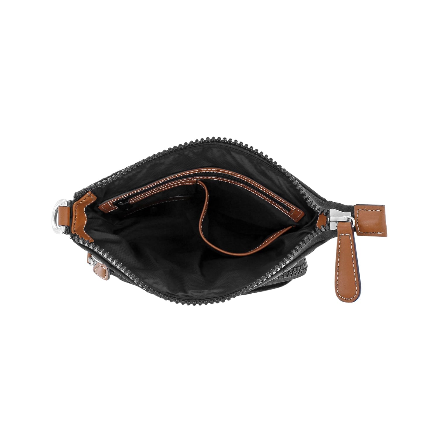 Brighton handbag shown open with black interior lining, tan leather trim, and zipper pull on a white background