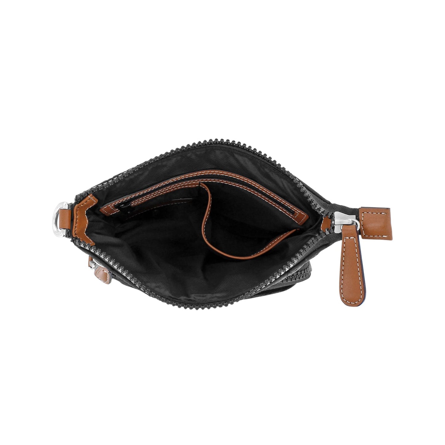 Brighton handbag shown open with black interior lining, tan leather trim, and zipper pull on a white background
