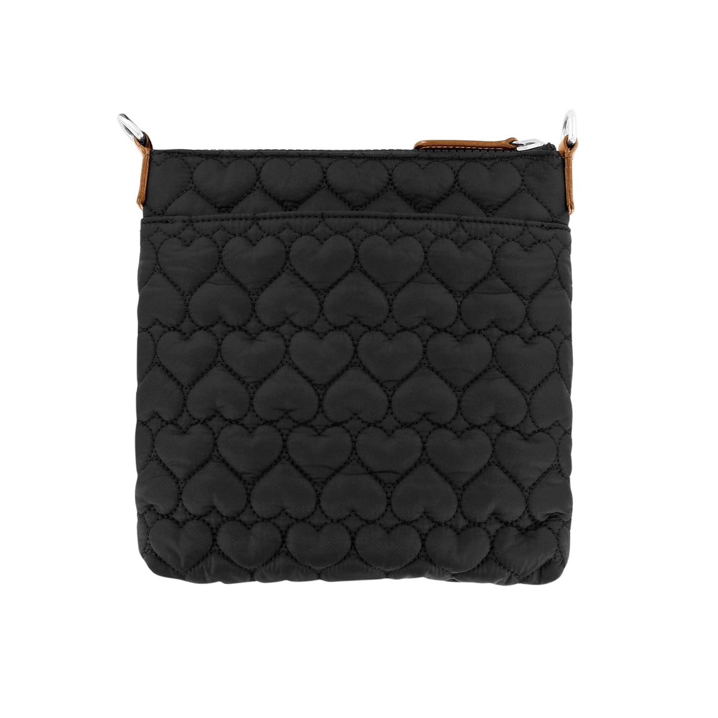 Brighton crossbody handbag shown from the back with black quilted heart pattern and leather trim on a white background