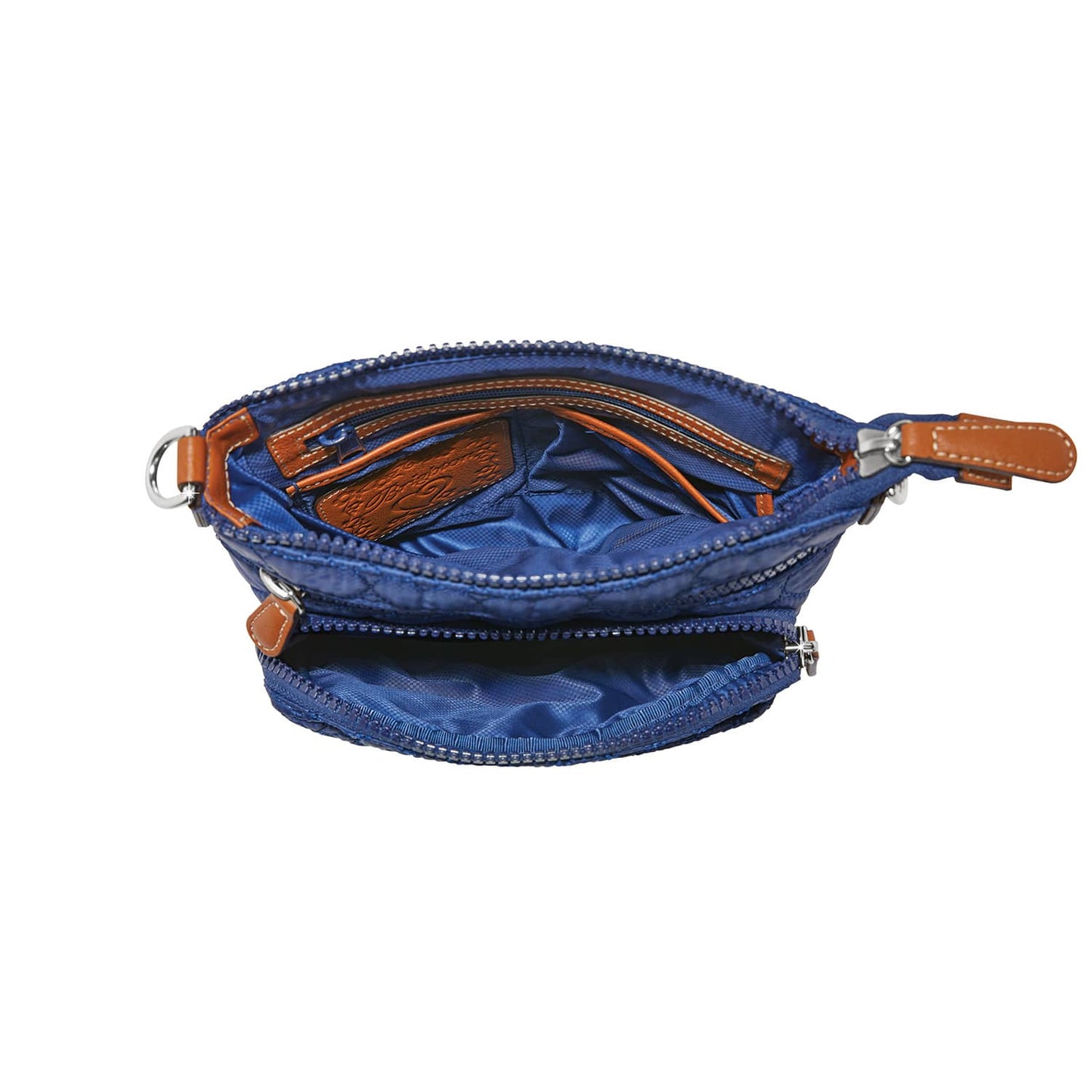 Brighton blue handbag shown open with interior pockets, leather trim, and zipper compartments on a white background