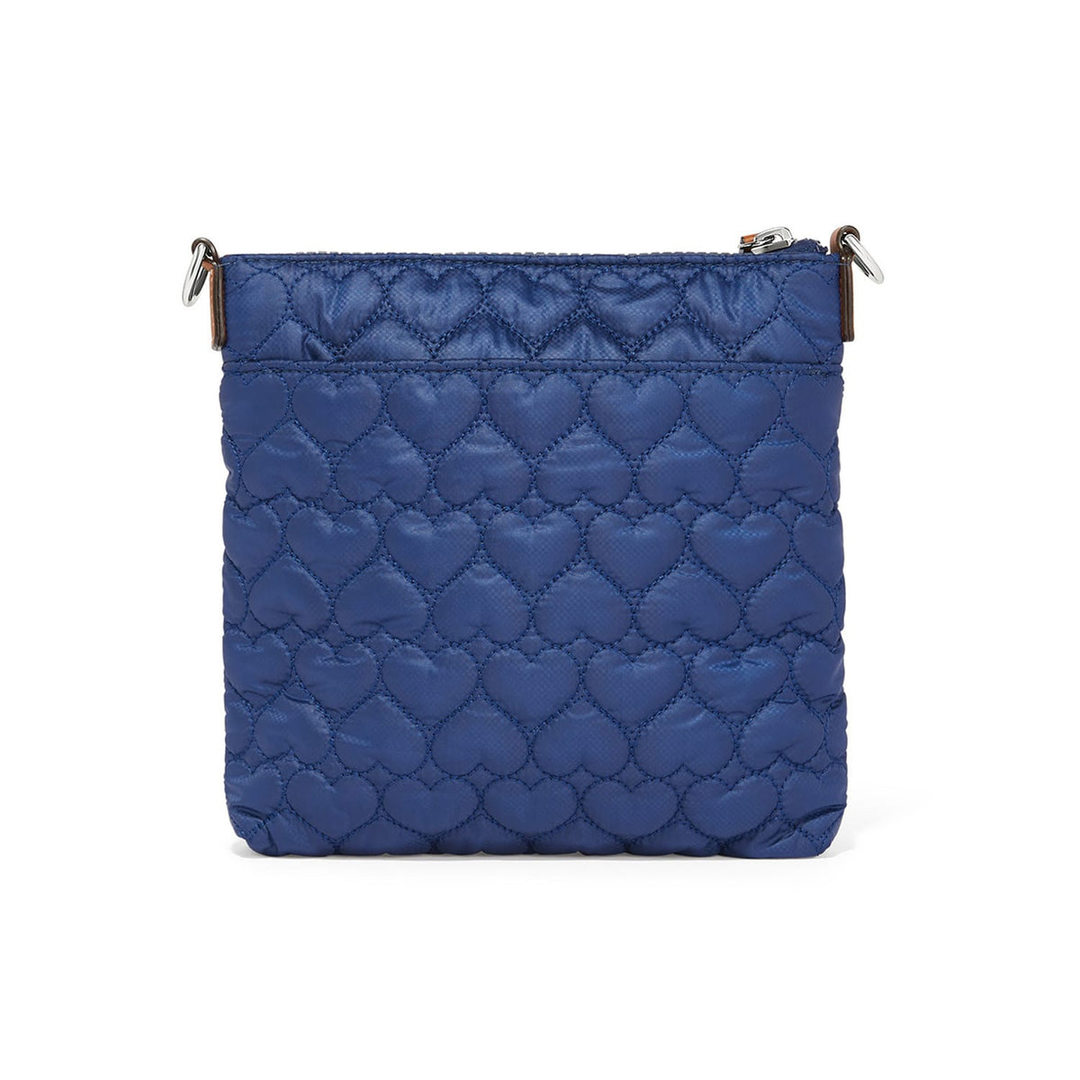 Brighton crossbody handbag shown from the back with blue heart-quilted nylon and silver-tone hardware on a white background