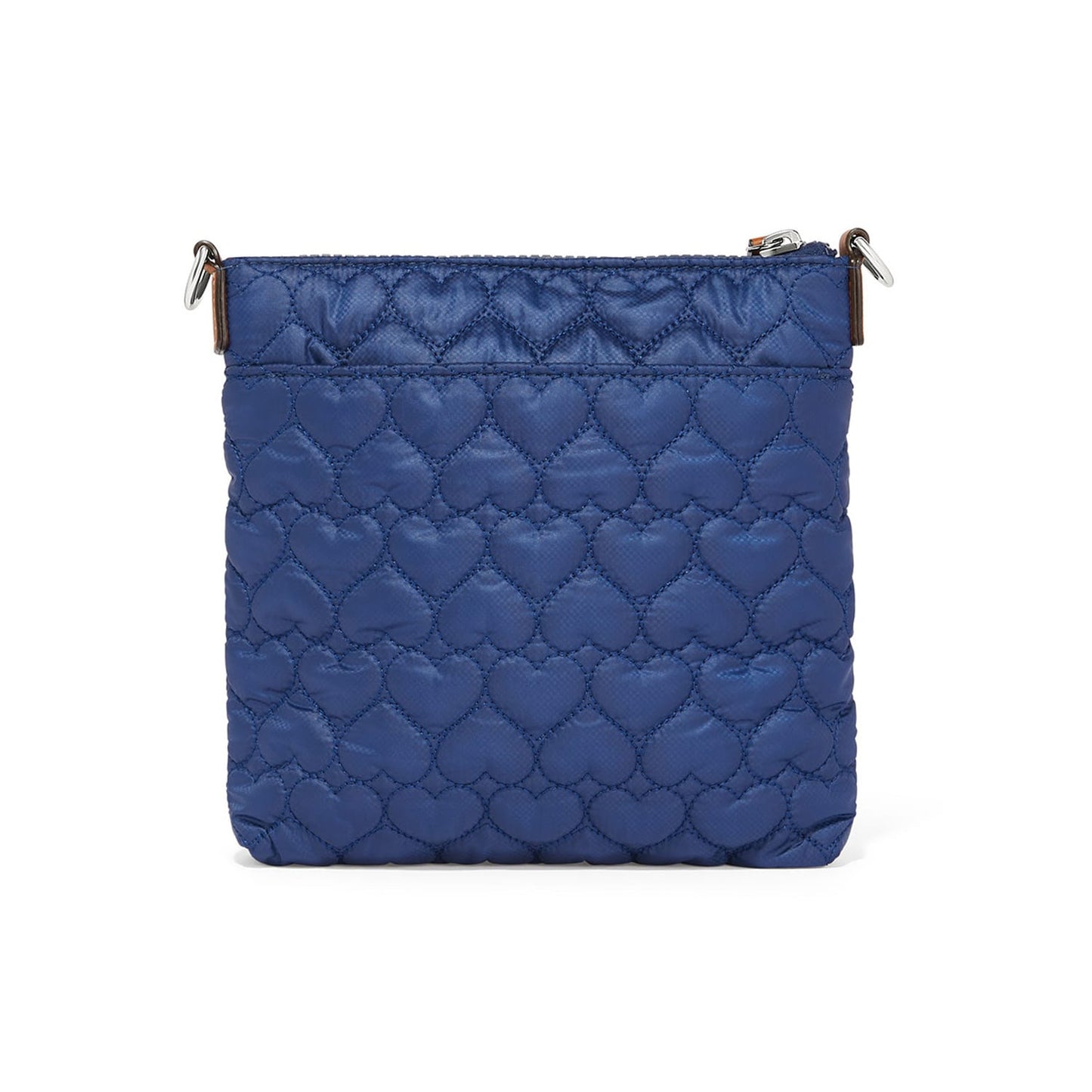 Brighton crossbody handbag shown from the back with blue heart-quilted nylon and silver-tone hardware on a white background