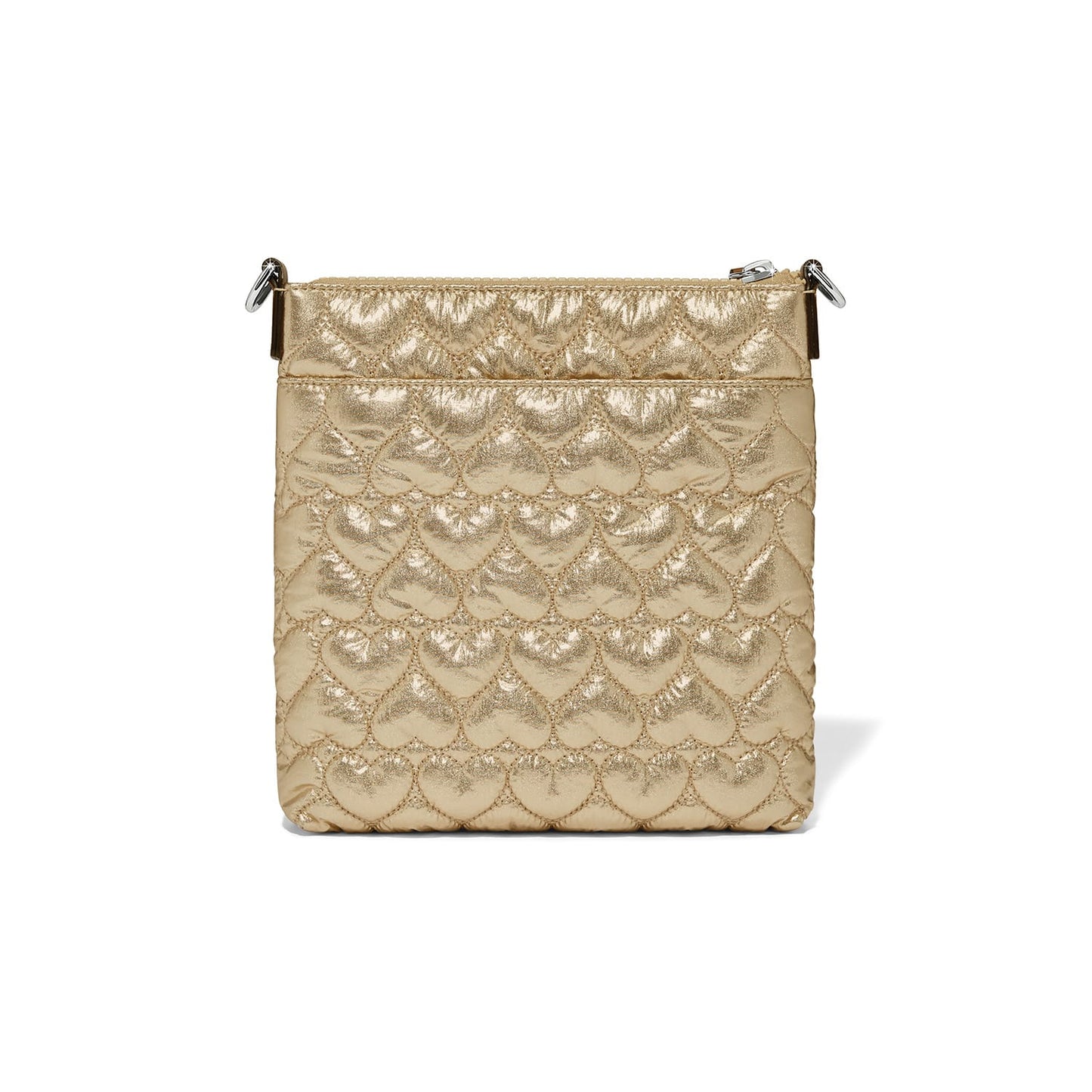 Brighton crossbody handbag in gold metallic quilted heart pattern with silver-tone strap rings on a white background