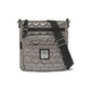Brighton crossbody handbag in metallic pewter with quilted heart pattern, black adjustable strap, and logo patch on a white background