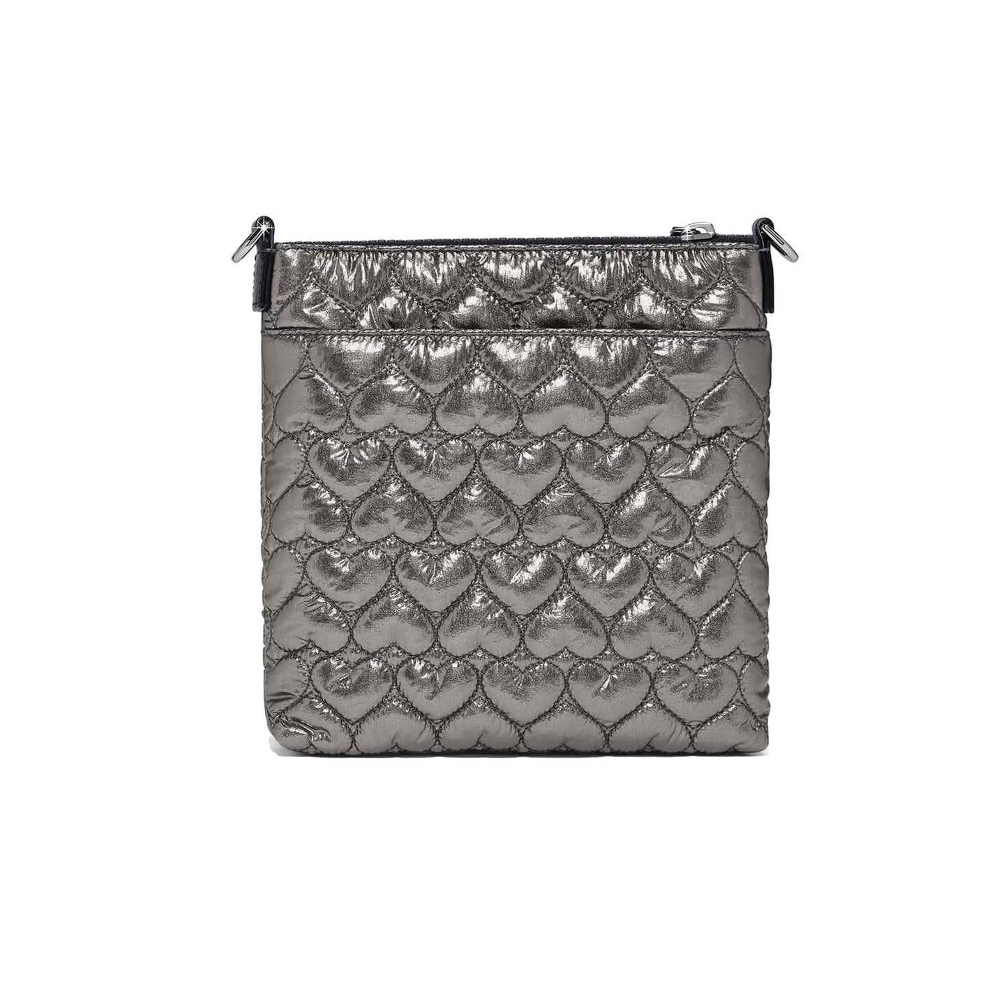 Brighton crossbody handbag with metallic pewter heart-quilted pattern and top zipper closure on a white background
