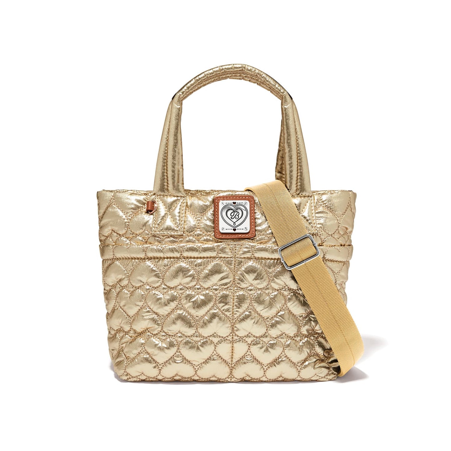 Brighton quilted gold metallic tote handbag with heart pattern, top handles, and adjustable crossbody strap on a white background