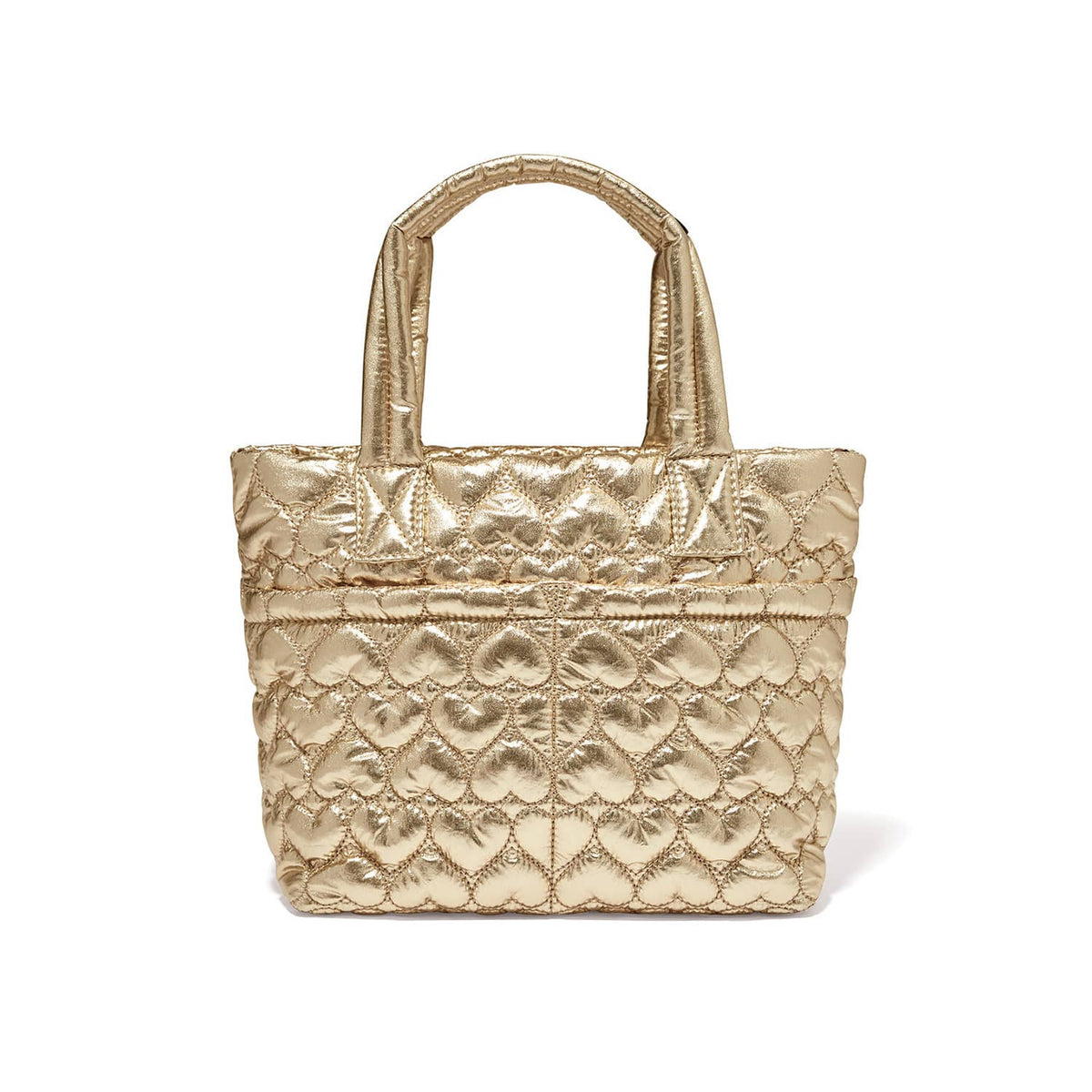 Brighton tote handbag in metallic gold with quilted heart pattern and dual top handles on a white background