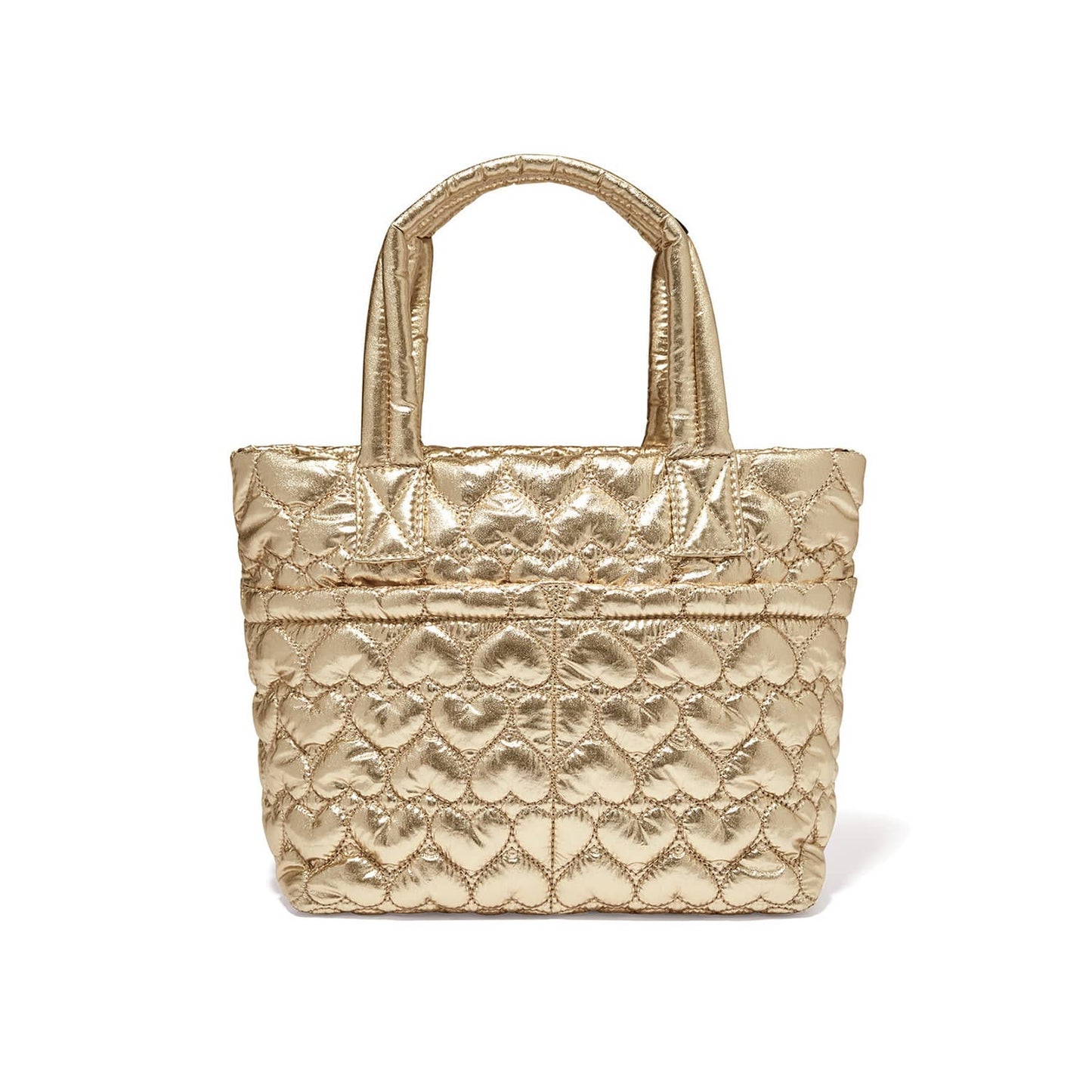 Brighton tote handbag in metallic gold with quilted heart pattern and dual top handles on a white background