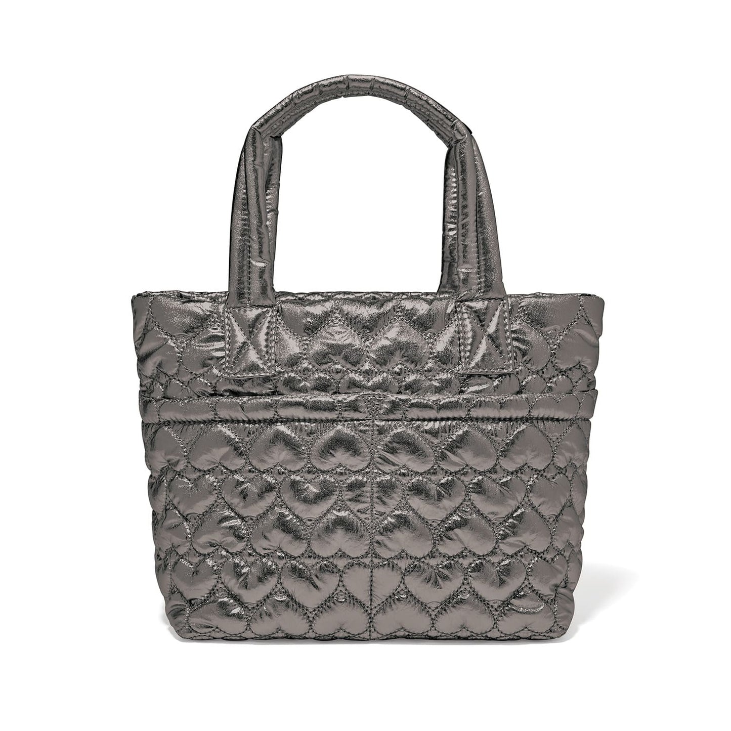 Brighton tote handbag in metallic pewter with quilted heart pattern and dual top handles on a white background