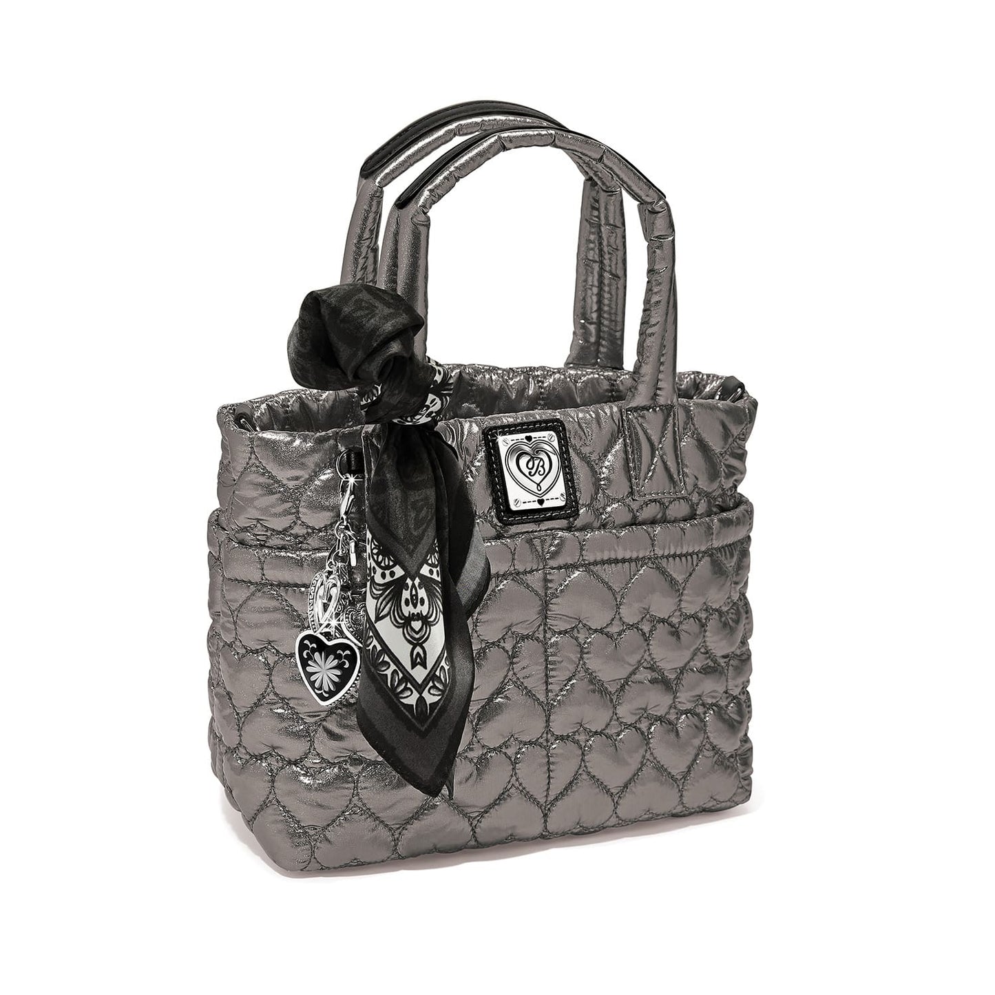 Brighton handbag in metallic gunmetar quilted heart pattern with silver handles, black scarf, and heart charms on a white background