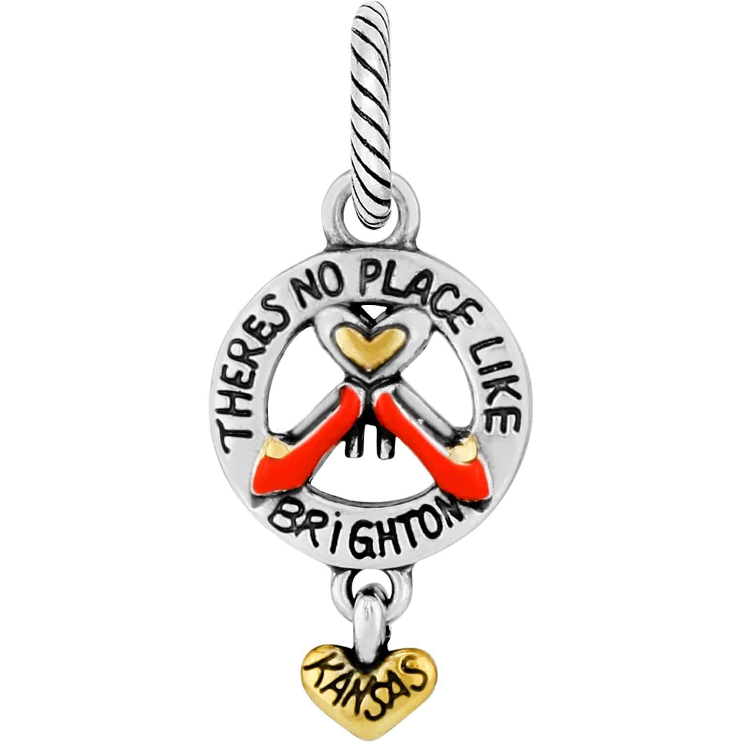 Brighton charm with red ruby slippers, gold heart, Kansas dangle, and two-tone finish on a white background