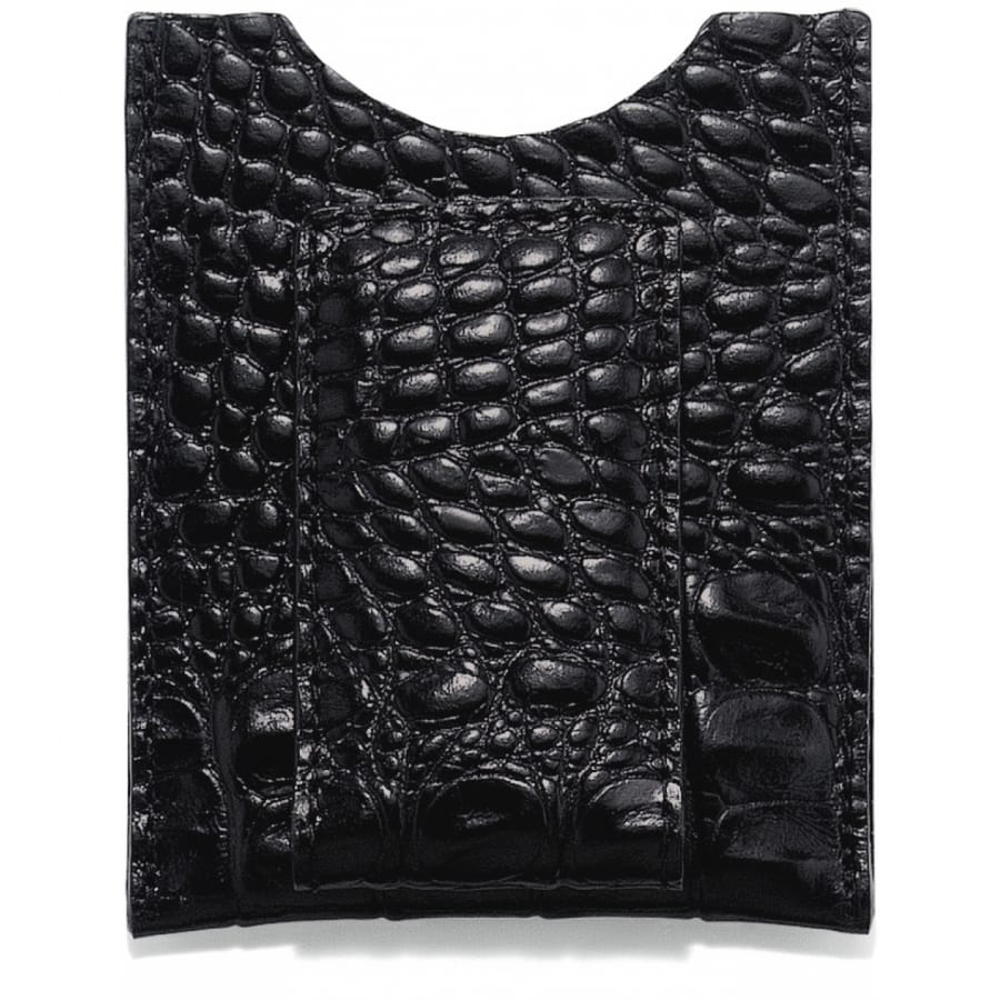 Brighton card holder in black crocodile-embossed leather with front slip pocket on a white background