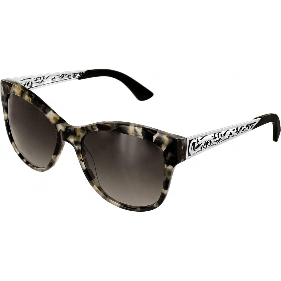 Brighton sunglasses with gray tortoiseshell frame and silver-tone scrollwork engraved temples on a white background