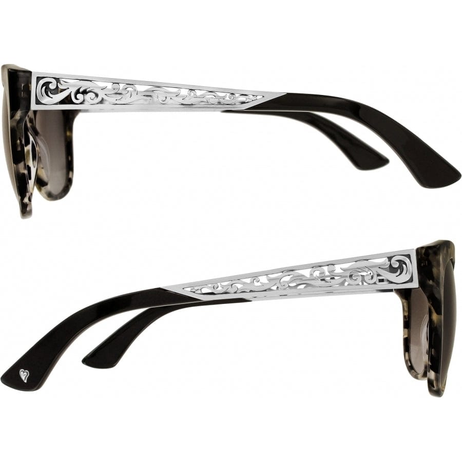 Brighton sunglasses side views with black tortoise frames and silver-tone filigree scrollwork temples on a white background