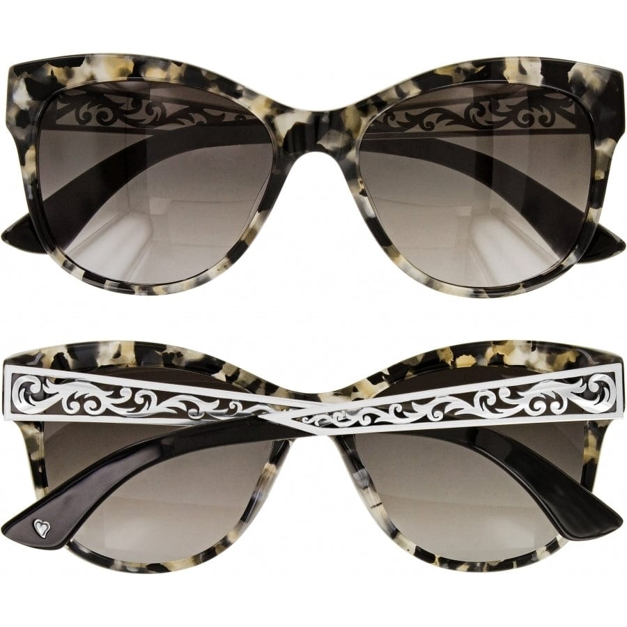 Brighton sunglasses with black and ivory tortoise frames and silver-tone scrollwork temples shown from two angles on a white background