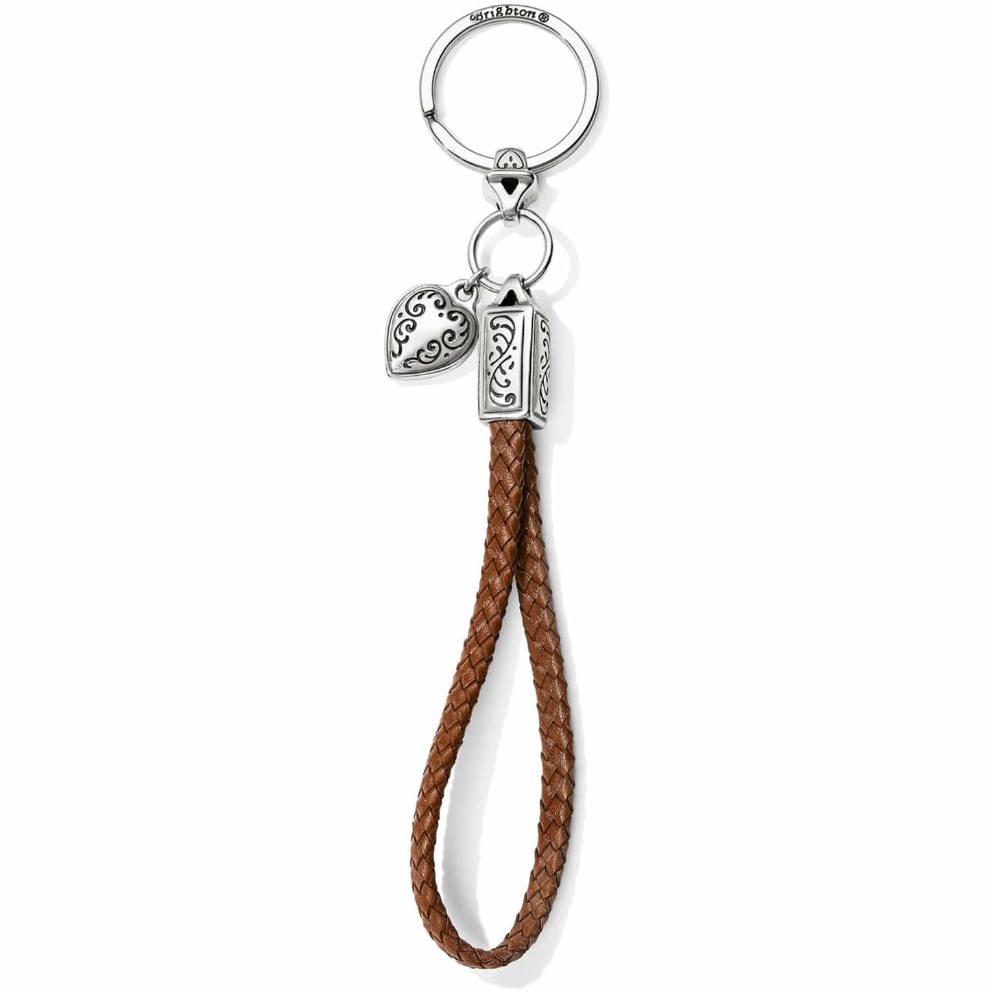 Brighton keychain with braided brown leather loop, silver-plated heart charm, and engraved scroll bead on a white background