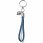Brighton keychain with blue braided leather loop, silver-plated heart charm, and engraved scroll details on a white background