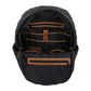 Brighton black quilted backpack shown open with interior view revealing multiple pockets and brown leather trim on a white background