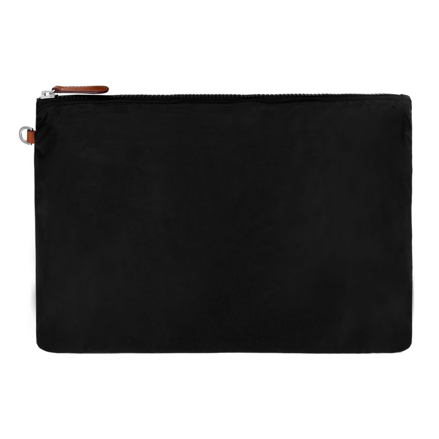 Brighton black zip pouch with brown leather zipper pull and silver-tone D-ring on a white background