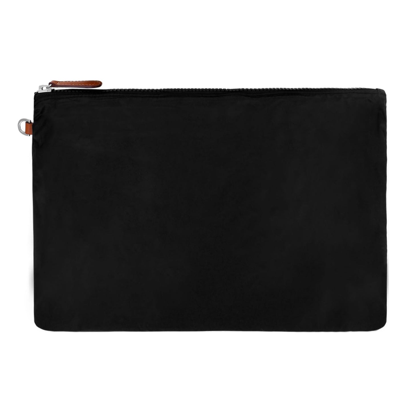 Brighton black zip pouch with brown leather zipper pull and silver-tone D-ring on a white background