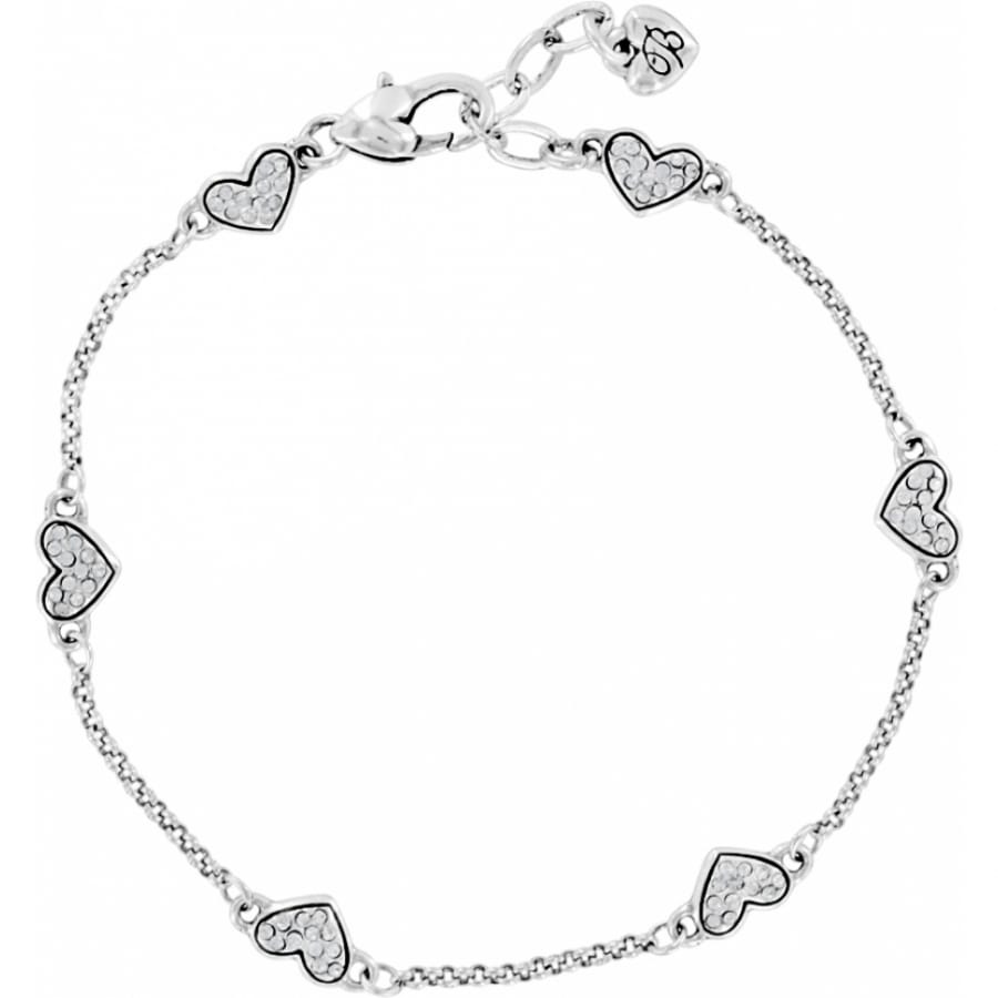 Brighton silver-plated bracelet with crystal-encrusted heart stations and lobster clasp closure on a white background