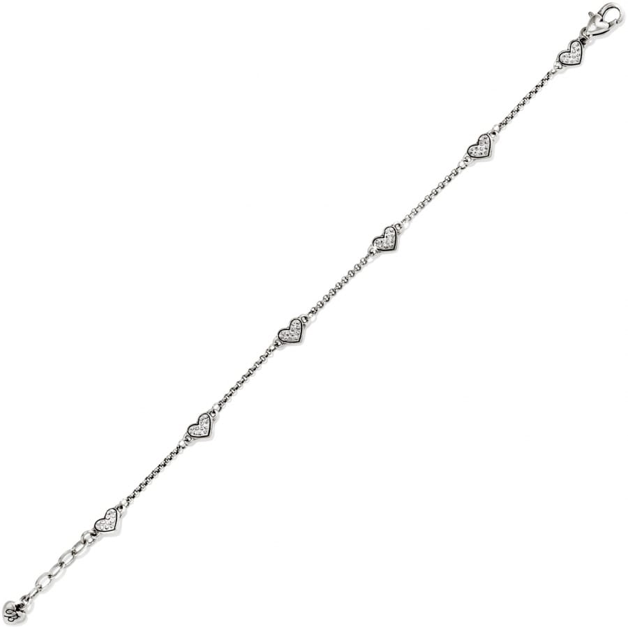 Brighton bracelet with silver-plated chain and small crystal heart stations spaced along its length on a white background