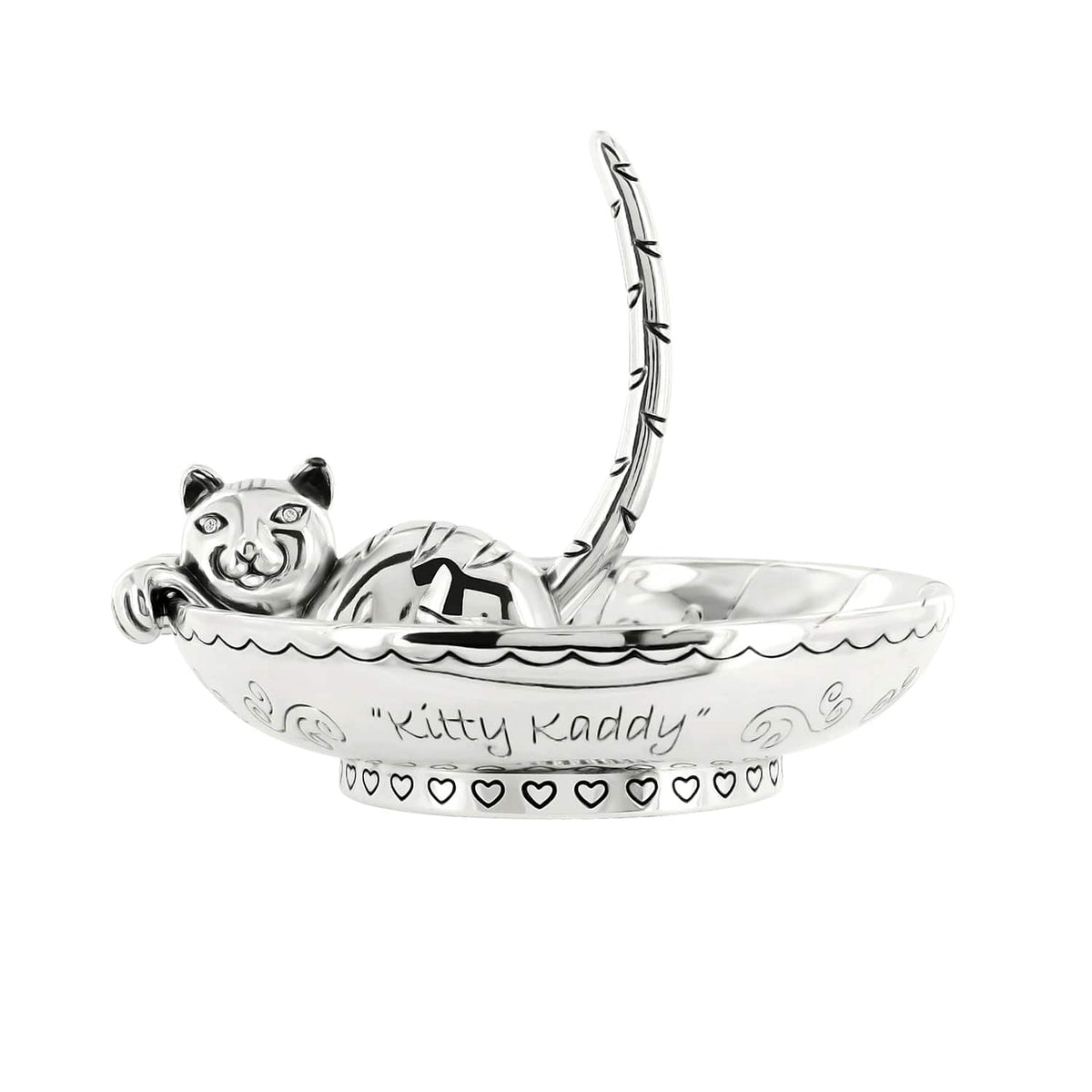 Brighton silver-plated ring holder shaped as a cat with arched tail and Kitty Kaddy engraving on a white background