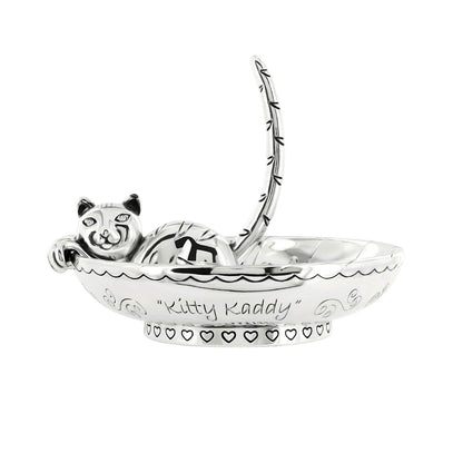 Brighton silver-plated ring holder shaped as a cat with arched tail and Kitty Kaddy engraving on a white background
