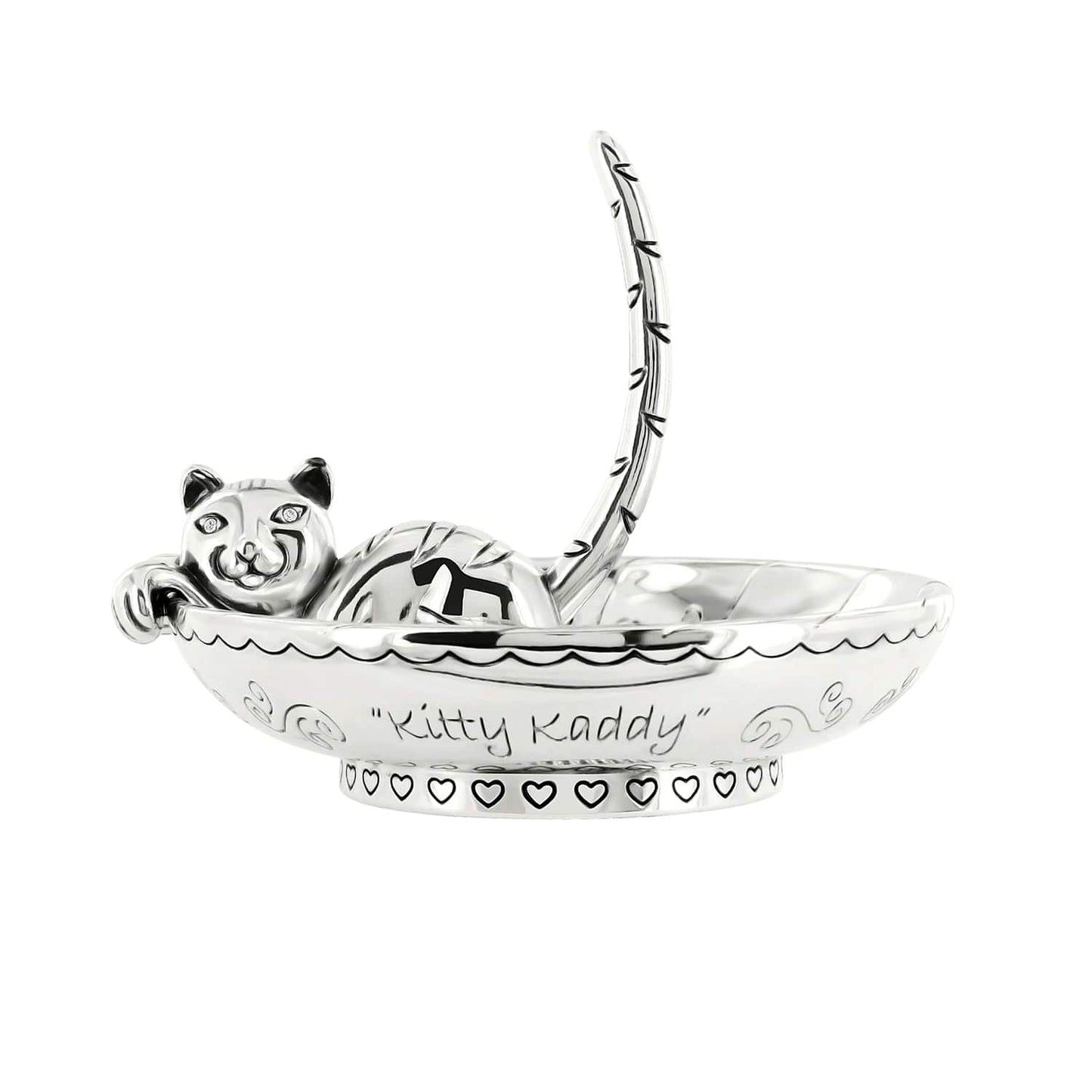 Brighton silver-plated ring holder shaped as a cat with arched tail and Kitty Kaddy engraving on a white background