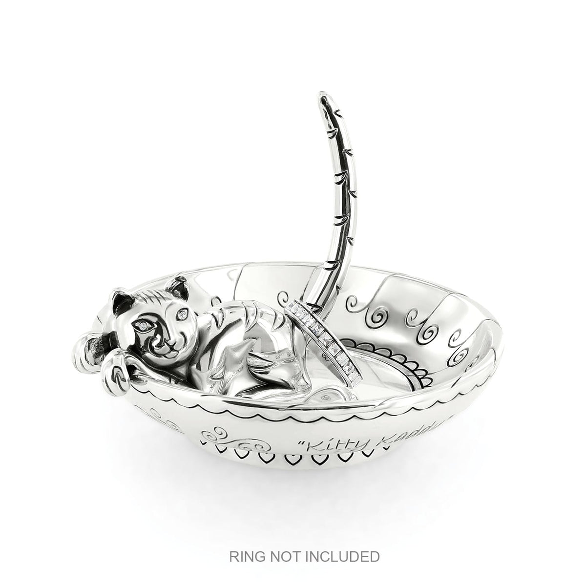 Brighton silver-plated ring holder dish with reclining cat figure and curved tail post on a white background