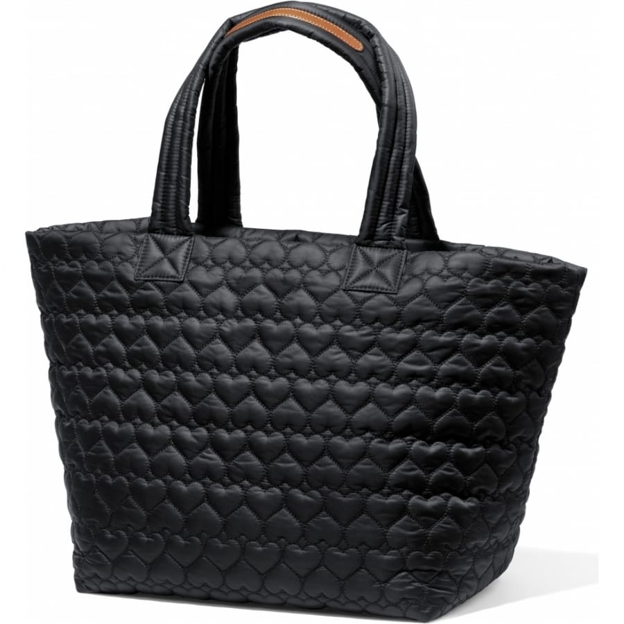 Brighton black quilted tote handbag with heart-pattern stitching and dual padded top handles on a white background
