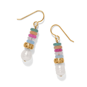 Brighton drop earrings with multicolored jade beads, glass pearl, and gold-plated accents on a white background