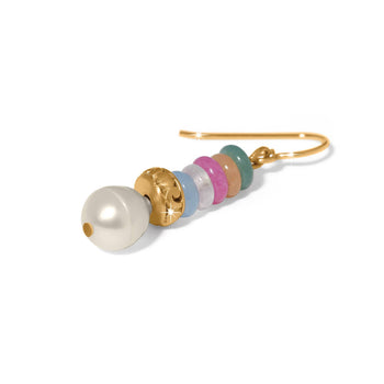 Brighton drop earrings with white glass pearl, multicolored jade beads, and gold-plated hook on a white background