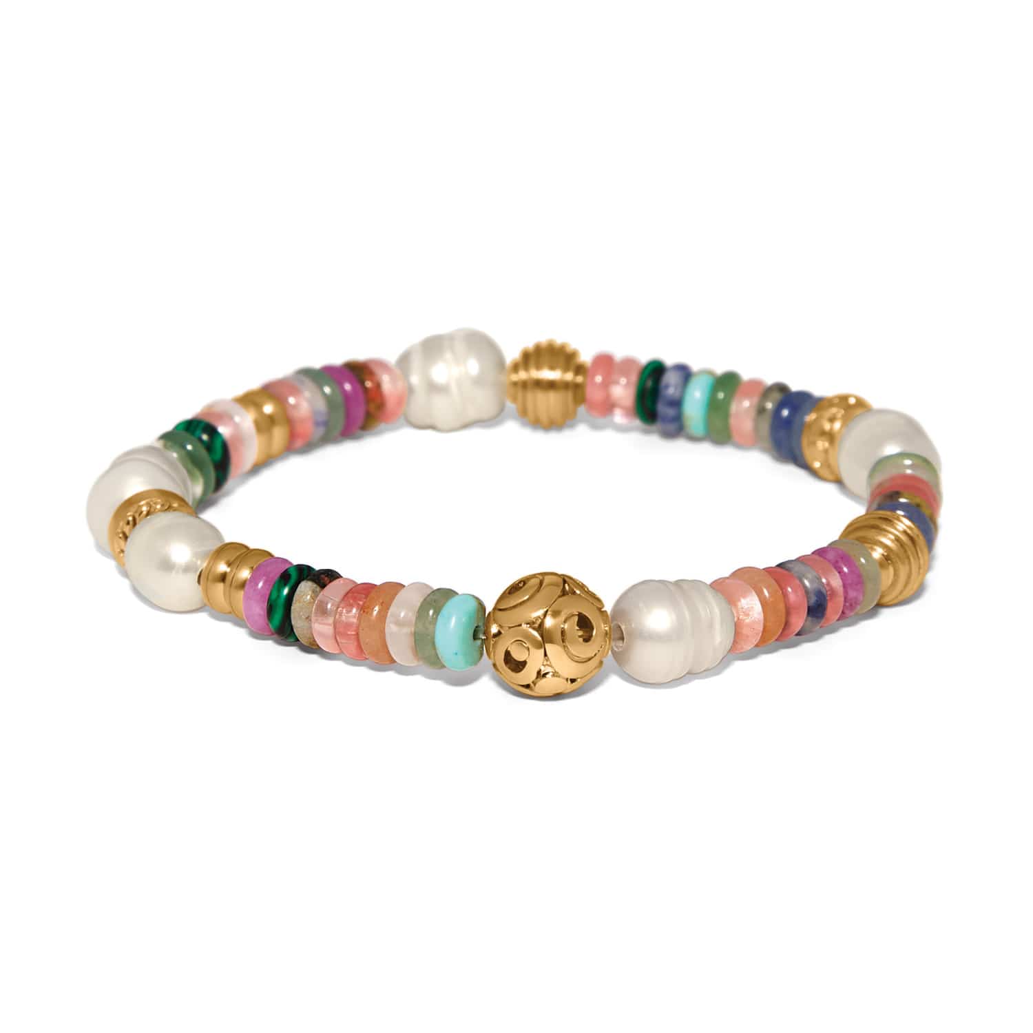 Brighton beaded bracelet with glass pearls, mixed gemstones, dyed jade, and gold-plated accent beads on a white background