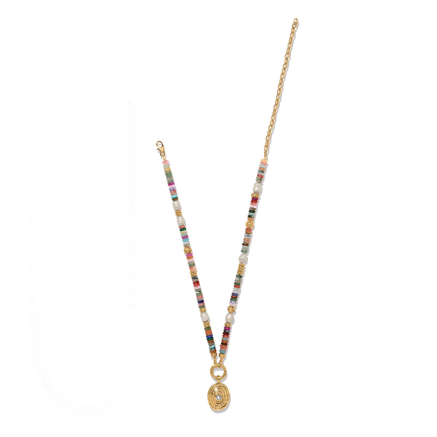 Brighton beaded pendant necklace with multicolor stones, pearls, gold-plated chain, and oval crystal pendant on a white background