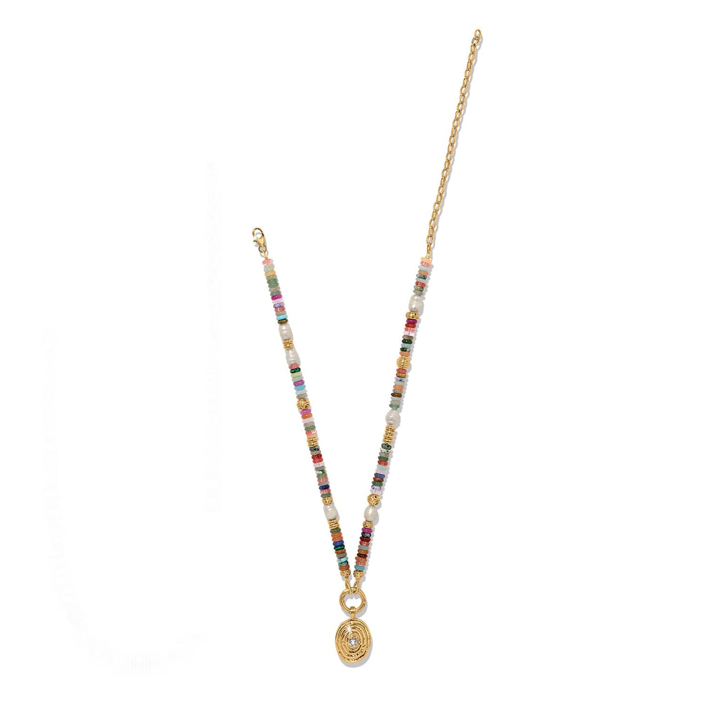 Brighton beaded pendant necklace with multicolor stones, pearls, gold-plated chain, and oval crystal pendant on a white background