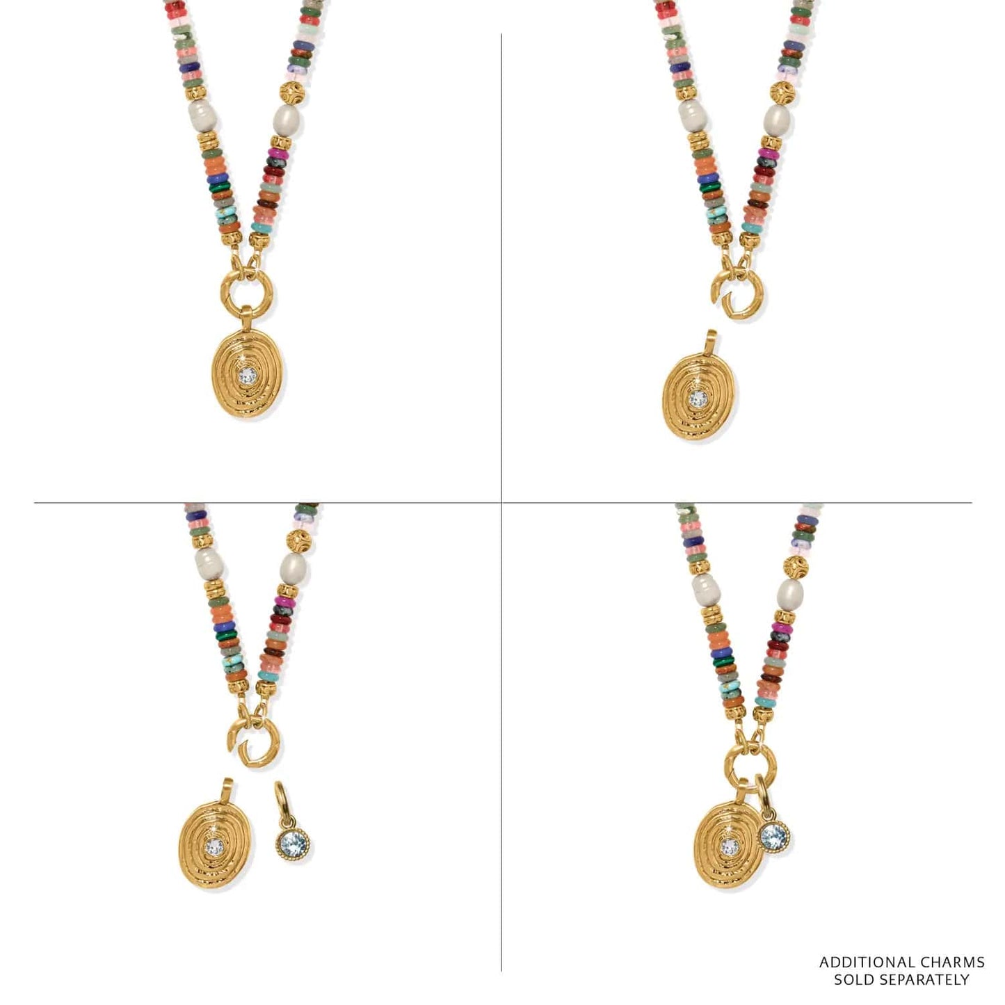 Brighton beaded necklace with multicolor stones, freshwater pearls, gold-plated oval pendant, and crystal charm on a white background