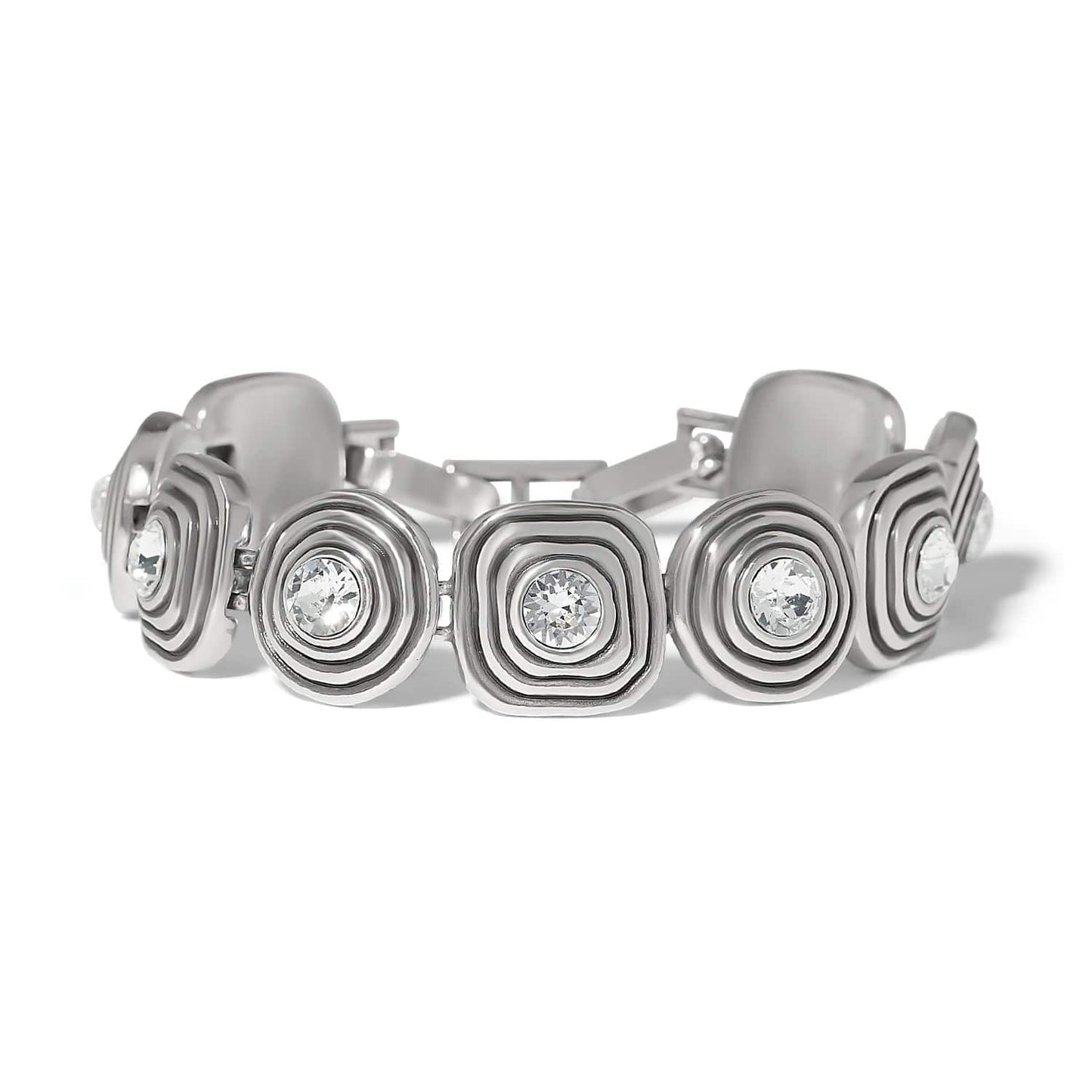 Brighton bracelet with silver-tone square links featuring concentric ridges and crystal centers on a white background