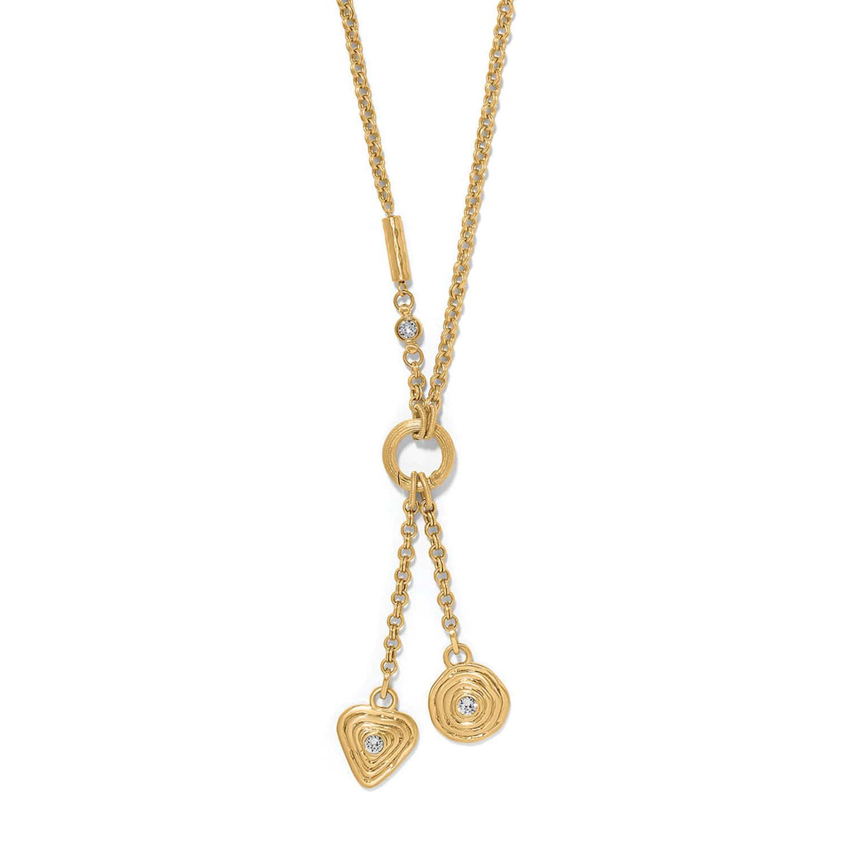 Brighton gold-plated lariat necklace with heart and circle charms featuring crystal accents on a white background